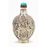 A circa 1900 Chinese silver scent bottle, both sides with panels featuring two ladies in garden