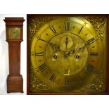 A late 18th/early 19th century oak cased longcase clock, the brass dial set with Arabic and Roman