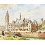 STEVEN SCHOLES (born 1952); oil on canvas, 'Rochdale Town Hall 1898', with figures and horse-drawn