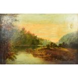 DAW; oil on canvas, river scene featuring man on horseback, further figure and cattle watering,