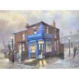 TOM BROWN (1933-2017); pastel, street scene with figure beside Threlfall's Ales shop, 39 x 53cm,