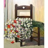 MARCEL GEORGES HUE (20th century); oil on canvas, daisies and poppies upon a rush seated chair,