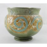 A 19th century Burmantofts pottery jardinière decorated with acanthus leaves and turquoise swirls