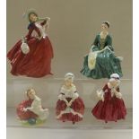 Five Royal Doulton figurines, HN1934 'Autumn Breezes', HN2228 'A Lady From Williamsburg',