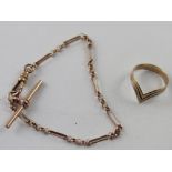 A 9ct rose gold link bracelet and a 9ct triple colour gold wishbone ring, size N, combined approx 5.