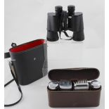 A cased pair of Panorama 10x50 Field Number 5 binoculars c1960 and a cased vintage shaving kit (2).