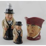 Three Royal Doulton character jugs, two varying sizes Winston Churchill,