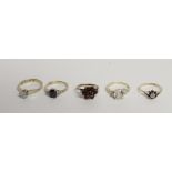 Five 9ct yellow gold dress rings, each set with various stones,