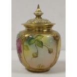 A Royal Worcester hand painted pot pourri and cover with panelled decoration depicting roses and