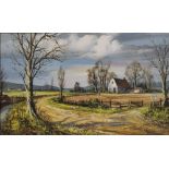 INDISTINCTLY SIGNED; oil, rural country scene, farm amongst bare winter trees and blustery skies,