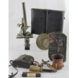 A brass microscope (af), military binoculars (af), copper shooting plaque,