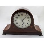 An Edwardian mahogany inlaid Napoleon hat eight-day Westminster chime mantel clock,