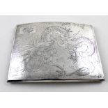 A sterling silver cigarette case with Oriental dragon chased decoration to the top, approx 4.4ozt.