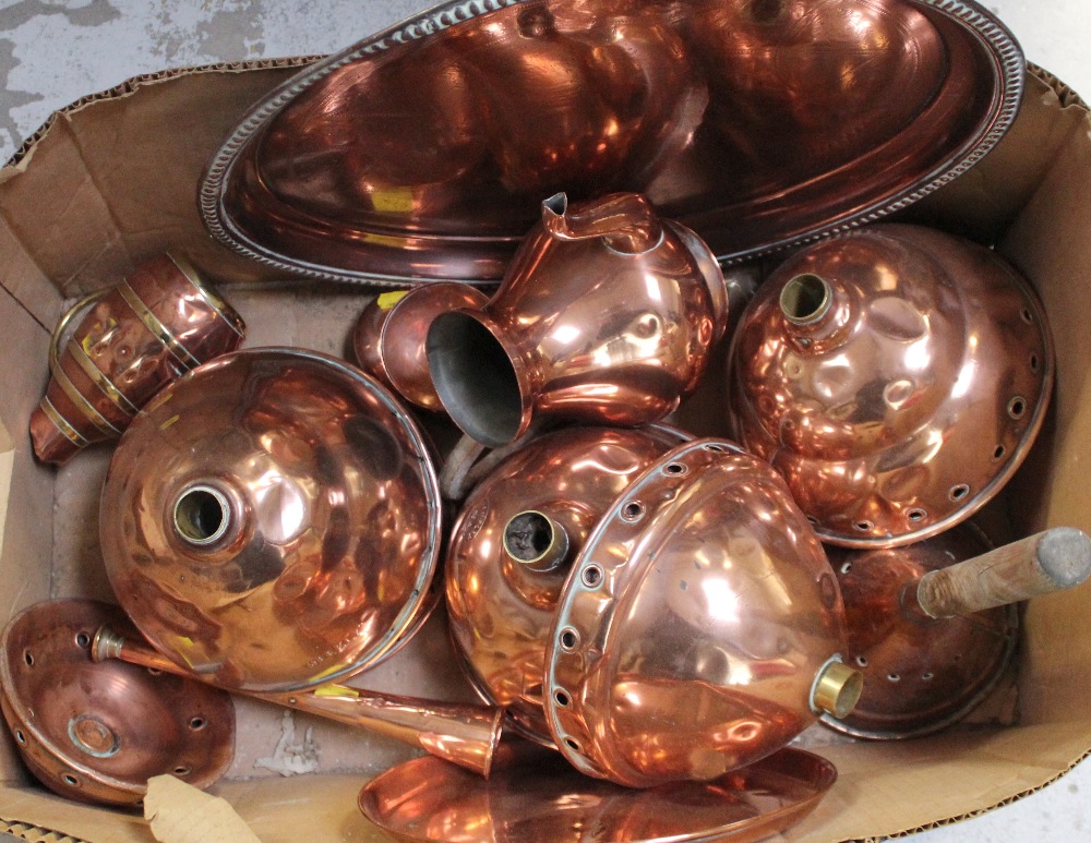 A large quantity of copper ware to include a bed warmer, various size posser heads, oval tray,