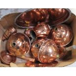 A large quantity of copper ware to include a bed warmer, various size posser heads, oval tray,