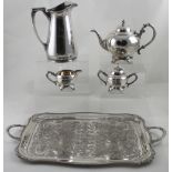 A three-piece Oneida electroplated tea service on Viners ornate electroplated twin-handled tray and