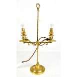 An adjustable brass student's lamp with twin bulbs and square section central column, height 53.