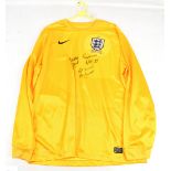 ENGLAND; a replica 150 Years Goalkeeping shirt signed by Gordon Banks, Peter Bonetti and Ron
