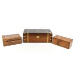 A Victorian rosewood brass bound writing slope, width 51cm, a 19th century walnut example and a pine