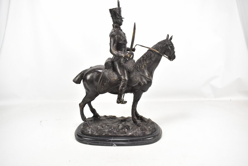 AFTER TR SKEAPING; a large contemporary bronze figure of a cavalry officer upon his horse, raised on - Image 2 of 3