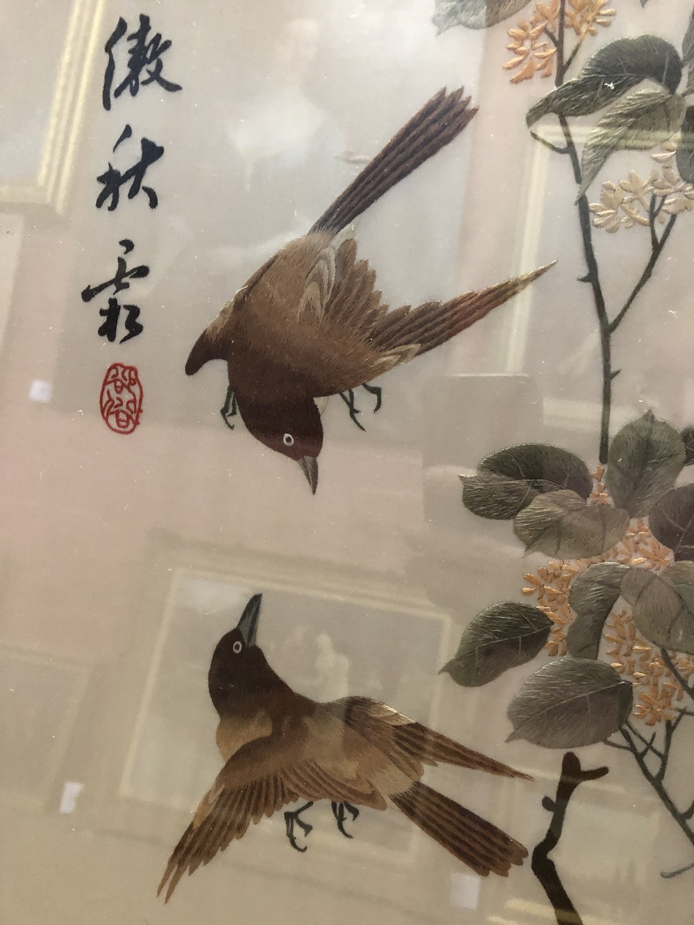 Four 20th century Chinese silks depicting birds in landscapes, each signed, 97 x 33cm, each framed - Image 4 of 8