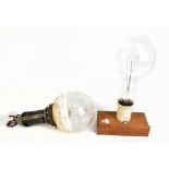 Two very large oversized bulbs, one on gimbaled support and one mounted on an associated wooden
