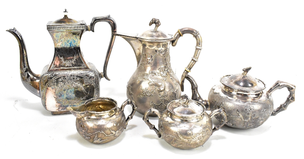 ZEE WO; a circa 1900 Chinese Export silver four piece tea service, all with repoussé decoration of