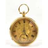 A mid-19th century 18ct yellow gold key wind open face pocket watch with engraved detail, the dial