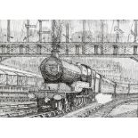 RODERICK THACKRAY; a pencil and ink study of a steam locomotive, 19.3 x 28.5cm, artist details