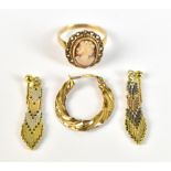 A 9ct yellow gold cameo ring, approx weight 3.6g, together with two yellow and silver metal Art Deco