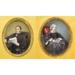 A pair of 19th century portrait miniatures depicting a gentleman and his wife in formal black dress,