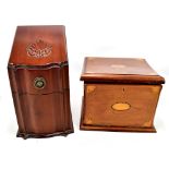 An Edwardian mahogany and inlaid stationery box with fitted six sectioned interior, fold out writing