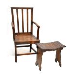 An 18th century oak splat back armchair, and a reproduction oak stool (2).