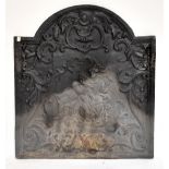 A French 19th century cast iron fireback with floral scroll detail in relief, 72 x 66cm.