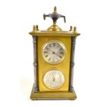 A gilt and silvered metal timepiece and barometer surmounted with an urn finial above rectangular