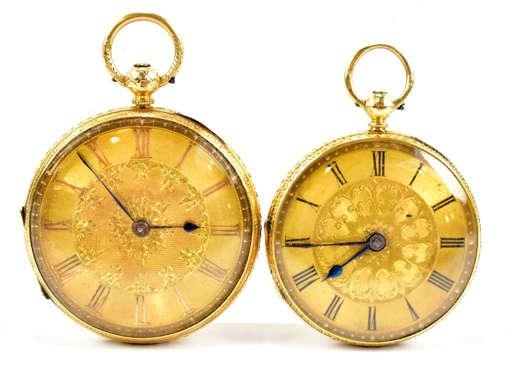 Two late 19th century 18ct yellow gold open face small pocket/fob watches, each with engraved