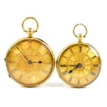 Two late 19th century 18ct yellow gold open face small pocket/fob watches, each with engraved