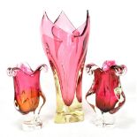 MURANO; an art glass handkerchief vase, height 38cm, and two bohemian glass vases, height 21cm (3).