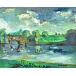 JAMES LAWRENCE ISHERWOOD (1917-1989); oil on board 'Blenheim', rural landscape featuring bridge