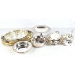 A small collection of assorted silver plate to include entrée dishes, pedestal comport, sauce boats,