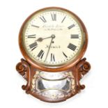 BIRKLE BROS OF IPSWICH; an early Victorian mahogany and circular dialled wall clock with brass