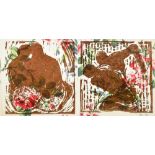 HUGO GUINNESS; a pair of coloured prints, figural studies, both signed with initials, 22.5 x 22cm,