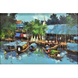 TAWEE NANDAKWANG (Thailand, 1925-1991); oil on canvas, river landscape with figures in boats in