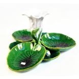 MINTON; a late Victorian majolica trefoil dish modelled as lily pads with central vase section,