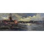 JED HEYDER; oil on panel, Dutch river scene with windmill, signed lower right, 17 x 42cm, framed.