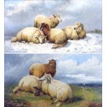 UNATTRIBUTED; a pair of oils on board, sheep in spring/summer and winter rural landscapes