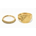 A 9ct yellow gold gentleman's signet ring, size R, and a 9ct yellow gold half eternity ring, set