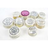 Ten Victorian circular ceramic toothpaste jars and covers with varied transferred detail (10).