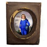 KPM; a 19th century hand painted portrait panel depicting a boy wearing a blue outfit in landscape