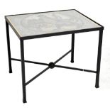 A black painted wrought iron rectangular garden table, the top set with mosaic depicting Classical
